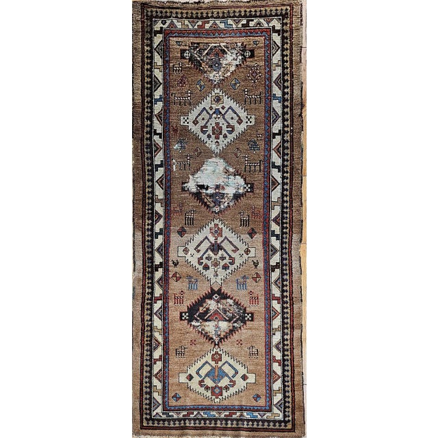 Antique 19th C. Persian Kurdish Runner Rug, Hand-Knotted Wool, Geometric Pattern, 4x10, Camelhair & Ivory For Sale - Image 11 of 18