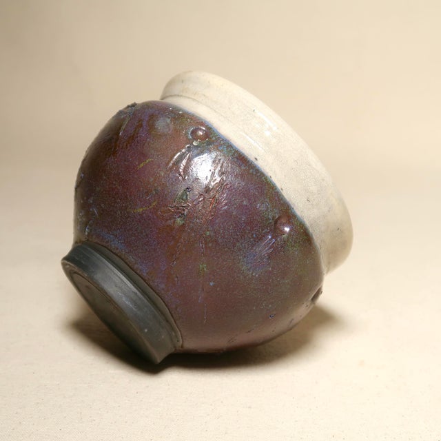 Late 20th Century Handmade Textured Raku Studio Pottery Vessel in Iridescent Burnt Sienna Glaze With Plum & Green Reduction Finish For Sale - Image 4 of 13