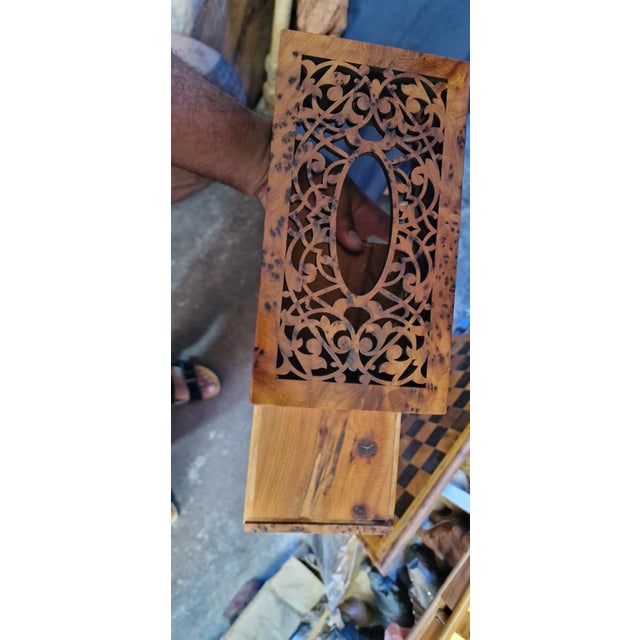 Moroccan Handmade Moroccan Thuya Wood Tissue Box – Carved Wooden Tissue Holder – Marrakech Home Decor – Moroccan Artisan Gift For Sale - Image 3 of 4