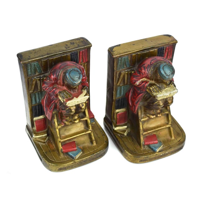 Antique Rare Hand Painted Armor Bronze "The Bookworm" Polychrome Scholar on Library Ladder Bookends - A Pair For Sale - Image 6 of 14