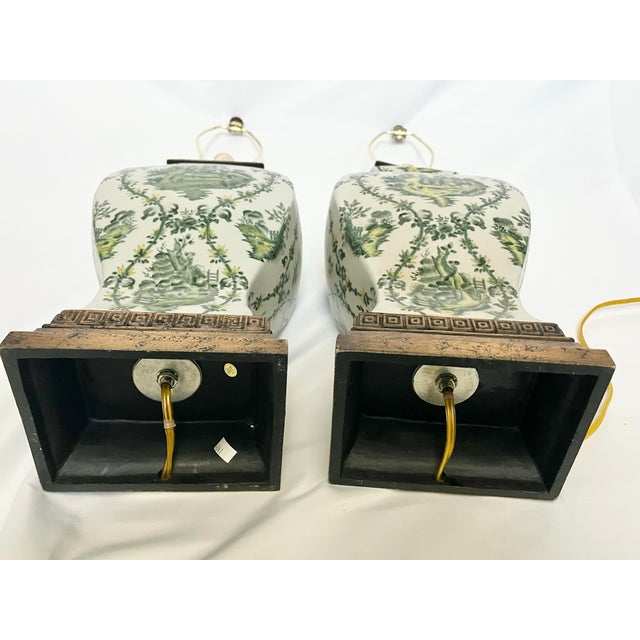 Metal Mid 20th Century Chinoiserie Hand Painted Green Floral Vintage Lamps – A Pair For Sale - Image 7 of 10