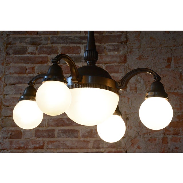 Metal Art Deco Salon Chandelier in Brass and Milk Glass, 1920s For Sale - Image 7 of 13