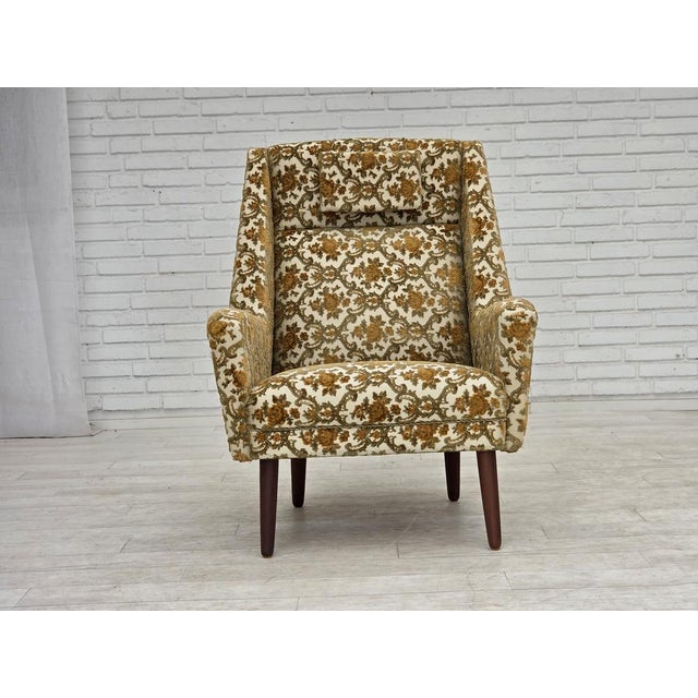 Danish Highback Armchair in Brown/Beige Furniture Fabric and Teak Wood, 1970s For Sale - Image 17 of 17