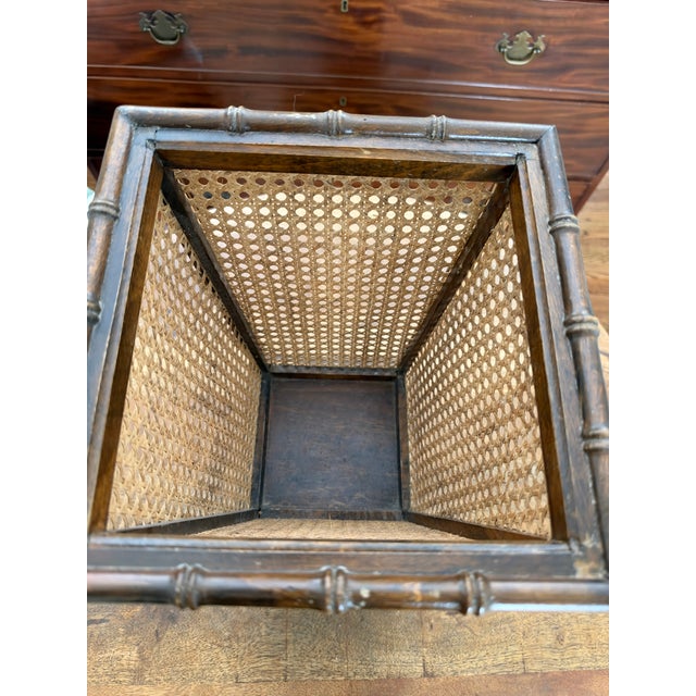 Campaign Vintage Wooden Faux Bamboo and Woven Cane Sided Waste Basket in Dark Wood For Sale - Image 3 of 5