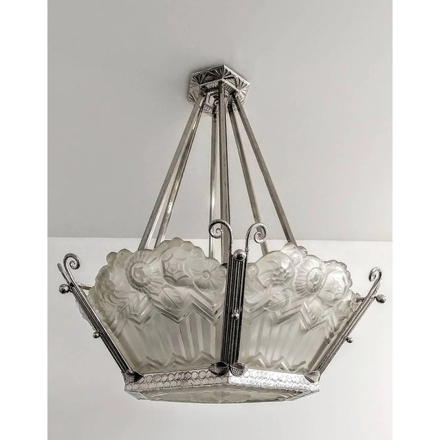 Metal French Art Deco Pendant Chandelier Signed by Noverdy For Sale - Image 7 of 11