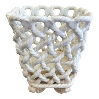 Vintage French Country Reticulated Porcelain Rope-Form Cachepot, Circa 1960s For Sale