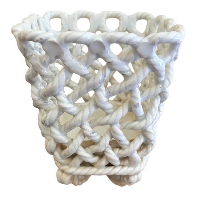 Vintage French Country Reticulated Porcelain Rope-Form Cachepot, Circa 1960s For Sale