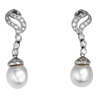 Mid Century Baroque Pearl Diamond Earrings 14k White Gold 1.5" Drops - 2 Pieces For Sale