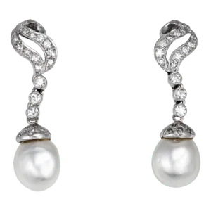 Mid Century Baroque Pearl Diamond Earrings 14k White Gold 1.5" Drops - 2 Pieces