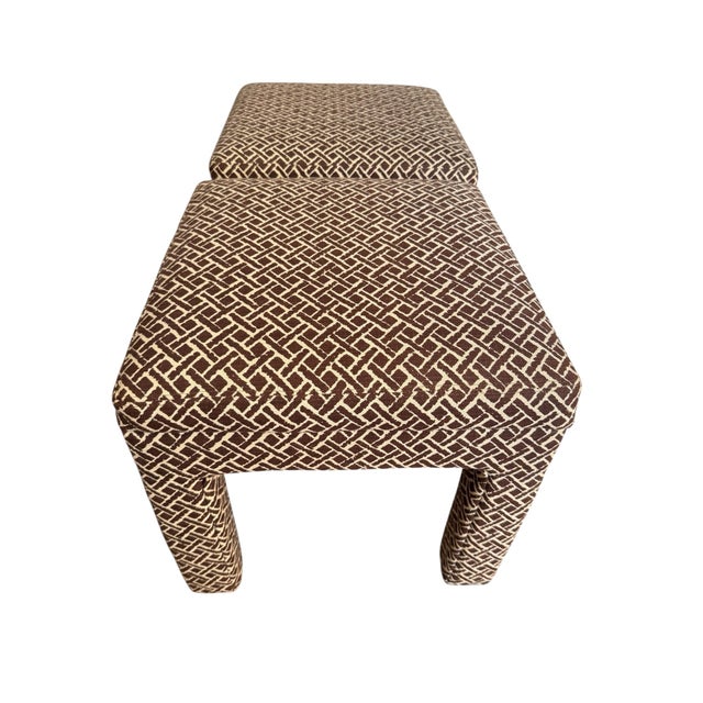 Milo Baughman Mid 20th Century Pair of Parson's Style Stools Hollywood Regency Patterned Pillow Top Stool Set Parsons For Sale - Image 4 of 10