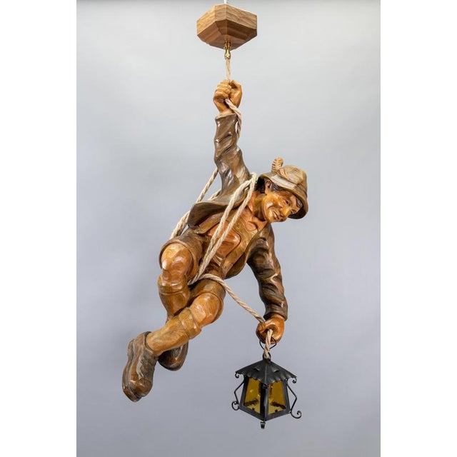 Large German Black Forest Carved Wood Mountaineer with Lantern, 1950s For Sale - Image 18 of 18