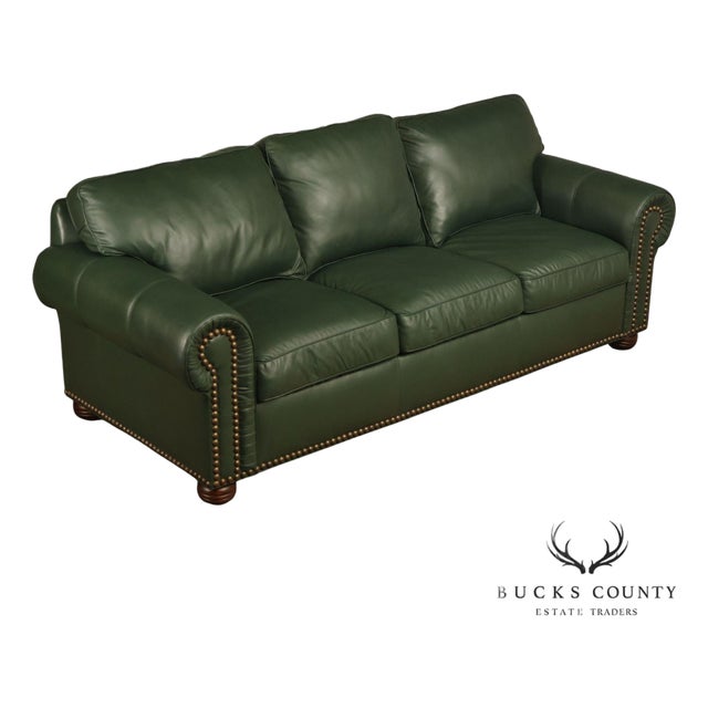 Green Leather Sleeper Sofa with Nailhead Trim For Sale