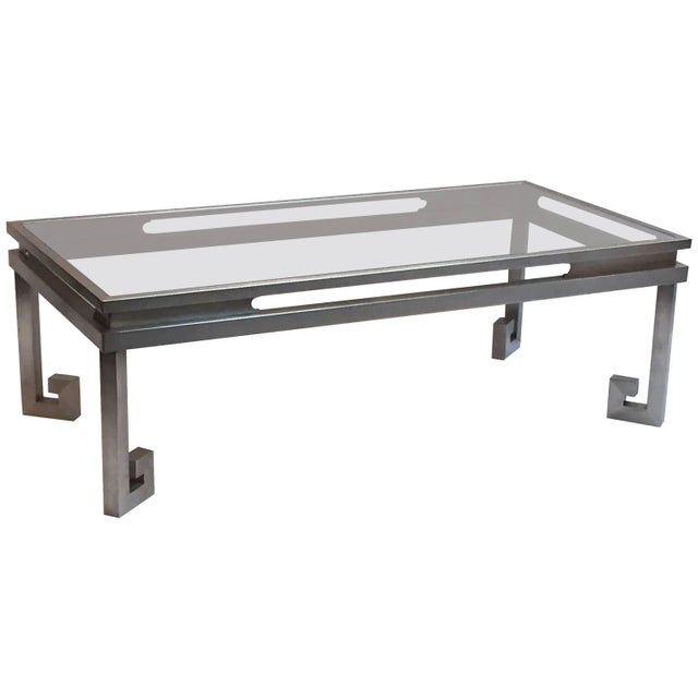 Large French Low Cocktail or Coffee Table of Brushed Steel and Smoked Glass, Greek Key For Sale - Image 11 of 11