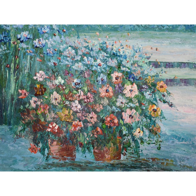 Mid 20th Century Framed Oil Painting Impressionist Courtyard Scenic Garden With Seaside View For Sale - Image 6 of 8