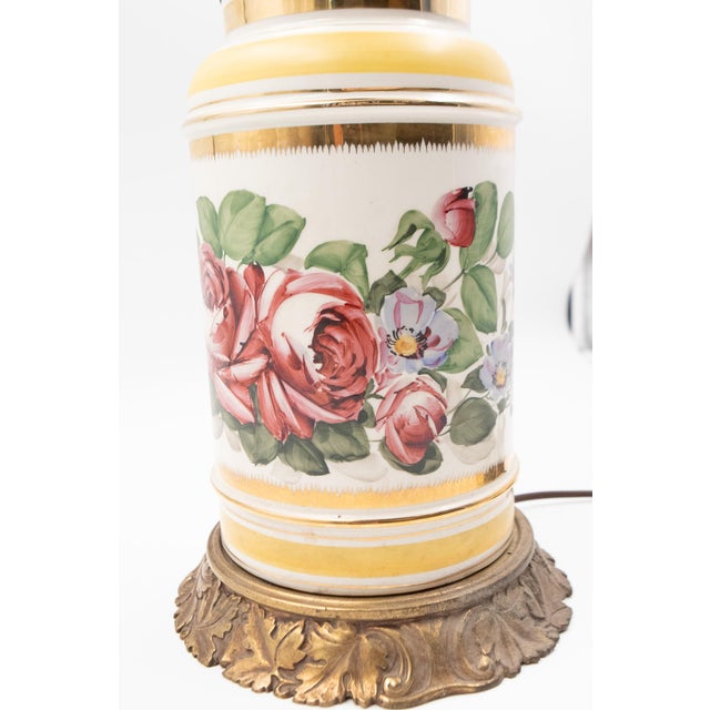 Metal 1950s Hand-Painted Floral Porcelain Table Lamp With Cast Brass Acanthus Base For Sale - Image 7 of 9