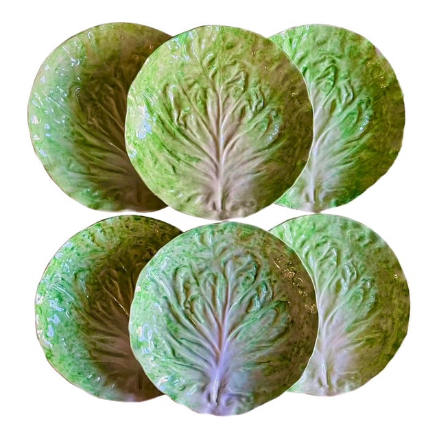 French Hand Made Green Glazed Faience Pottery Lettuce or Cabbage Leaf Plates - A Set of 6 For Sale