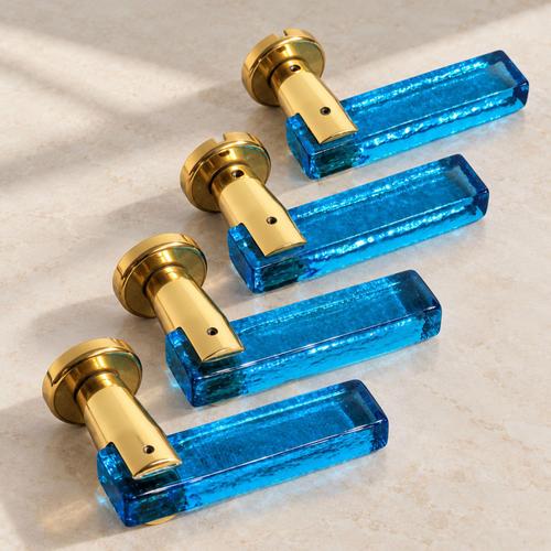 Italian Blue Murano Glass and Brass Door Handles, 1970s, Set of 6 For Sale - Image 4 of 9