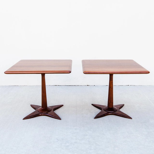 Mid-Century Modern 1960s Pair of Restored Mid Century Modern Solid Walnut Side Tables on Sculpted Base For Sale - Image 3 of 12