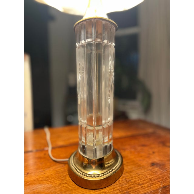 Dresden Porcelain Mid 20th Century Signed Dresden Cut Crystal & Brass Cylinder Table Lamp - With Shade For Sale - Image 4 of 11
