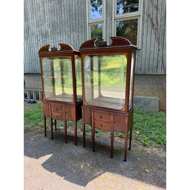 Pair of Vintage George III Carved Mahogany and Satinwood Inlaid Display Cabinets Glass shelves, mirror back, tapered legs...