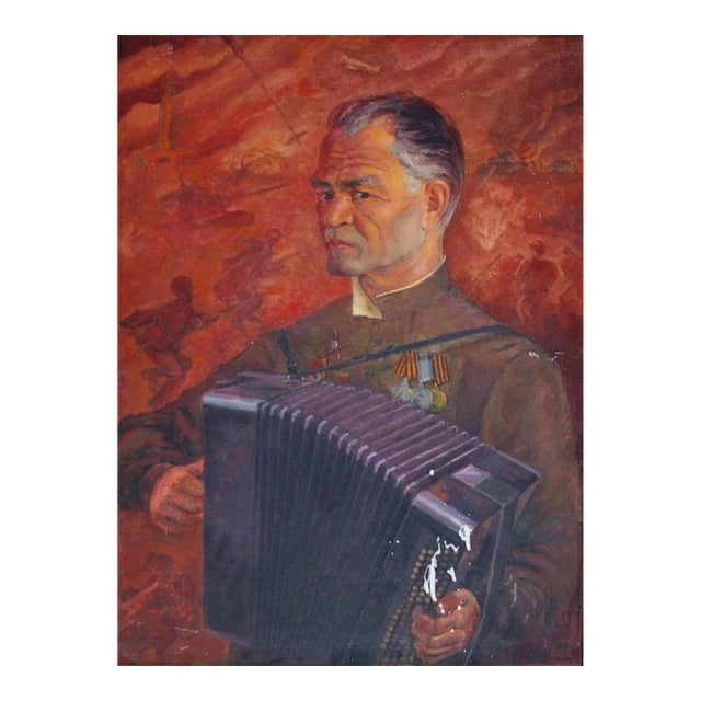 1980s Ukrainian Portrait Painting: Soldier With Accordion, Socialist Realism Art 80-59 For Sale