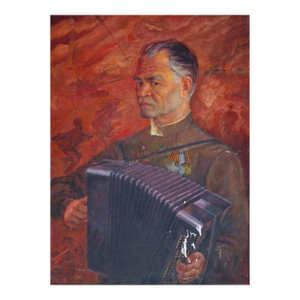 1980s Ukrainian Portrait Painting: Soldier With Accordion, Socialist Realism Art 80-59