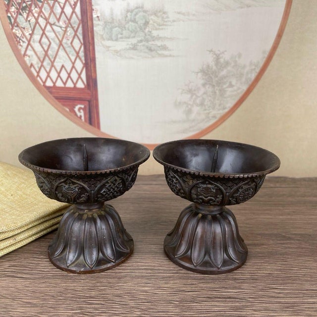 Pair of Bronze Lotus Candlesticks – 3.1" Eight Treasures Altar Candle Holders For Sale - Image 4 of 11