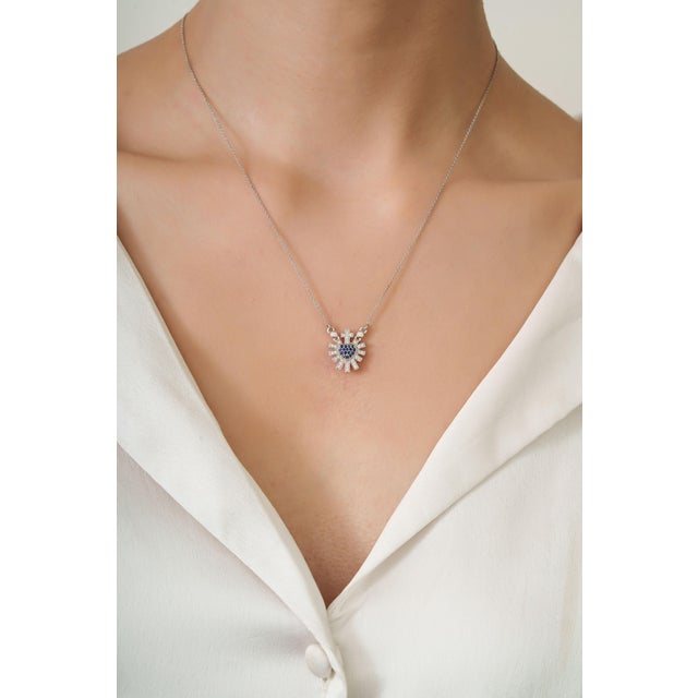 Sacred Heart Blue Sapphire & Diamond Sunburst Pendant Necklace in 14k White Gold For Sale - Image 11 of 17