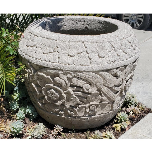 Vintage Stone Carved Balinese Garden Pot For Sale - Image 11 of 12