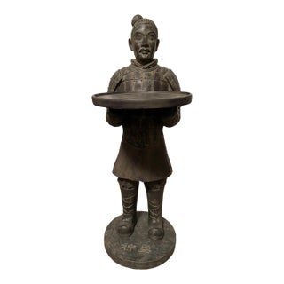 Rare Large Vintage “Terracotta” Warrior Butler Serving Tray Table Statue 37” For Sale