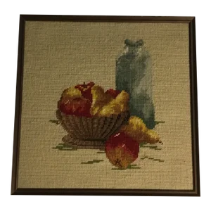 1970s Framed Pears and Apples Needlepoint