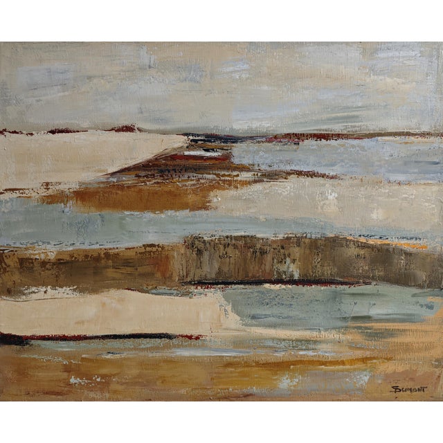 Entre deux rives is an original oil painting by Sophie Dumont, evoking a coastal landscape through layered passages of...