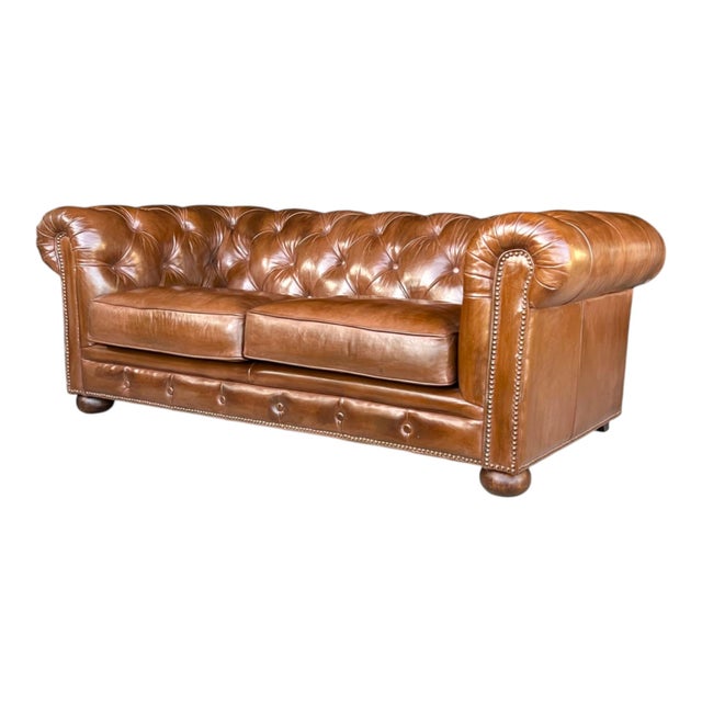 Vintage Chesterfield Tufted Leather Sofa, Fully Restored With Brass Nail Head Trim For Sale - Image 4 of 11