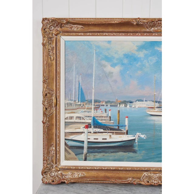 Mid 20th Century Signed Oil on Board by Kenneth Raymond Denton (British; 1932–2024) | 'The Harbour at Newport, Ri' For Sale - Image 4 of 6
