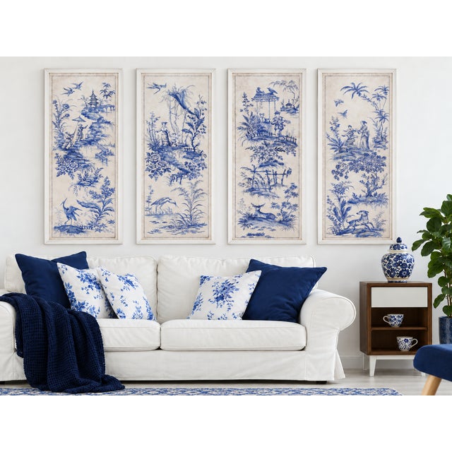 A Set of Vintage-Style Blue-and-White French Chinoiserie Four-Panel Hanging scrolls.Framed. For Sale - Image 16 of 16