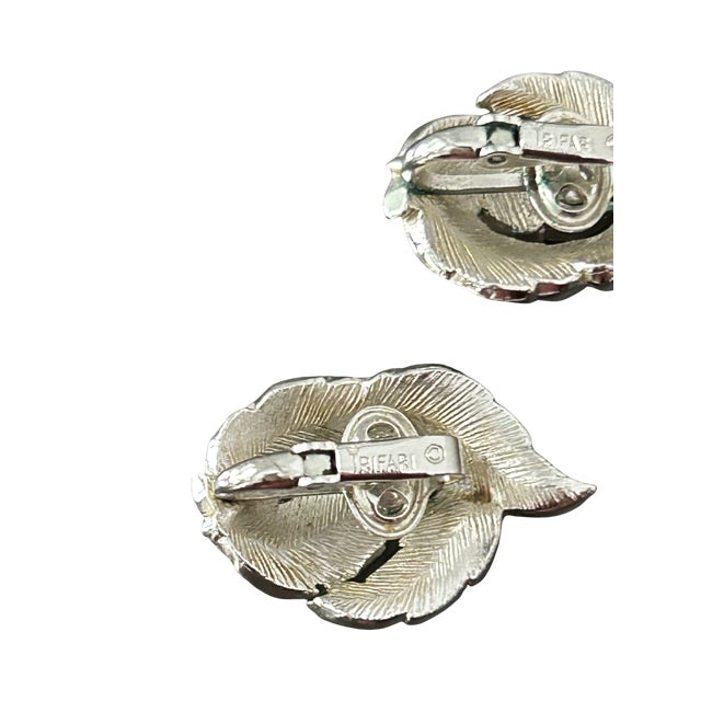 Late 20th Century Vintage Crown Trifari Silver-Tone Satin Leaf Clip-on Earrings, A Pair For Sale - Image 5 of 5