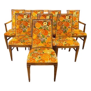 Set of 8 Pecan Dining Chairs With Jack Lenor Larsen Fabric For Sale