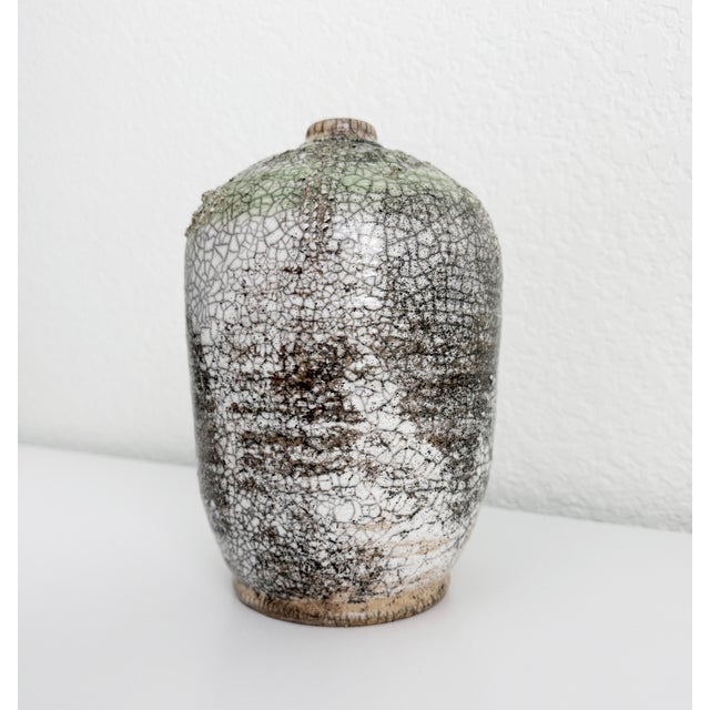 1970 Artist Signed Raku Crackle Glaze Vase With Green Drip Glaze For Sale - Image 4 of 10