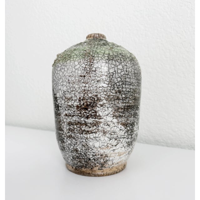1970s Raku Crackle Glaze Vase With Green Drip Glaze For Sale - Image 4 of 10