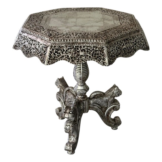 Antique Carved Anglo Indian Moroccan Silver Leafed Side Table For Sale
