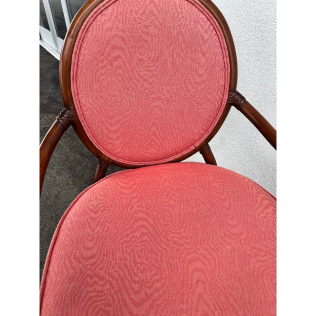 Coffee David Francis Attributed, Rattan Dining Set With Coveted “Spider Back” Coastal Design. Leather Bindings, Quality Construction and Coral Damask Fabric. For Sale - Image 8 of 8