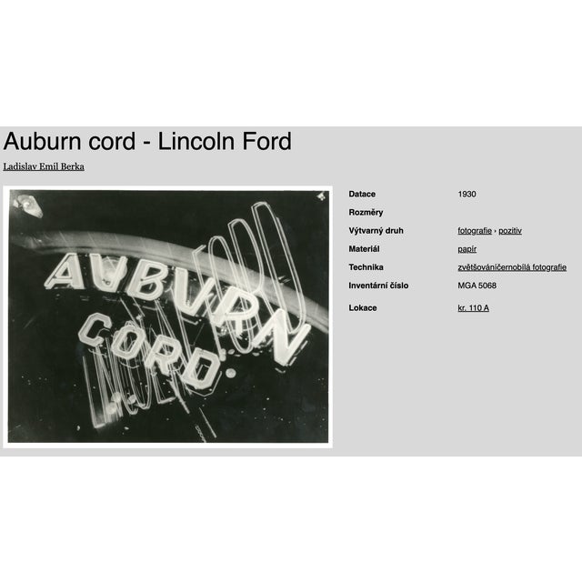 Modern L. E. Berka, Auburn Cord - Lincoln Ford, 1930, Signed Gelatin Silver Print For Sale - Image 3 of 7