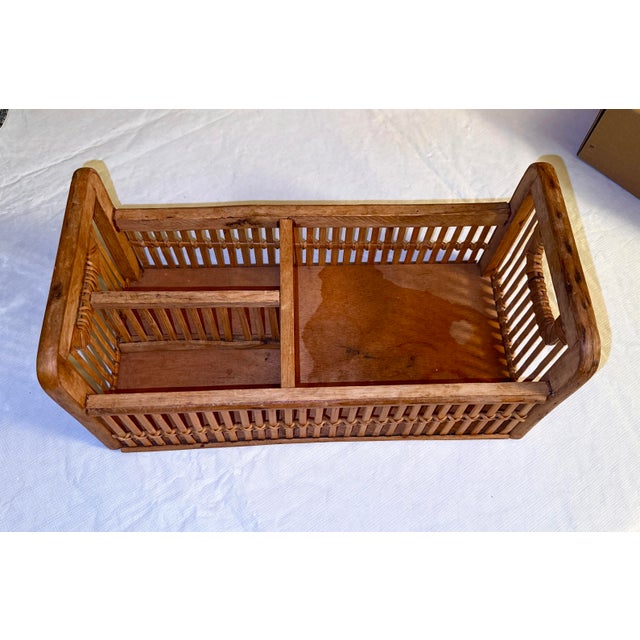 Chinoiserie Mid 20th Century Wooden Rattan Divided Basket Caddy With Handles - Storage, Decor, Office Accessory For Sale - Image 3 of 13