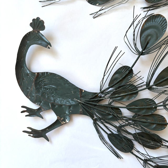 A stunning pair of mid century peacock wall sculptures will add an architectural accent to any decor. Textured metalwork,...