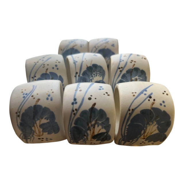 1980s Pottery Napkin Rings With Crayfish/Crawdad Design in Blue- Set of 8 For Sale
