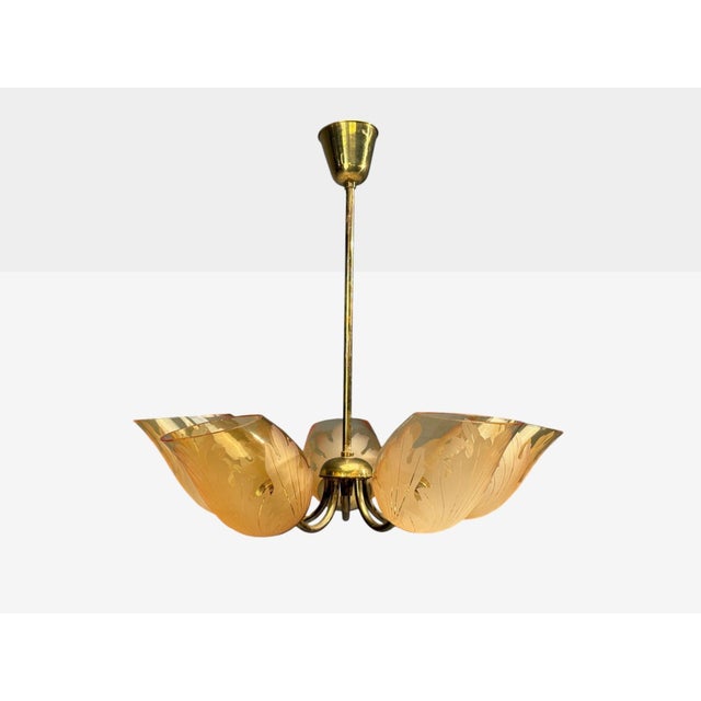 Carl Erik Bodén, Swedish Mid-Century Modern, Pendant Light, Brass, Glass, Sweden, 1940s Five arm pendant light or...