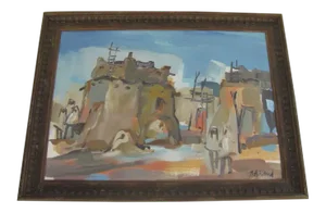1960s Painting of an Adobe Village Spanish