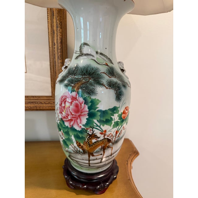 Chinese Pair of Chinese Famille Verte-Style Lamps For Sale - Image 3 of 9