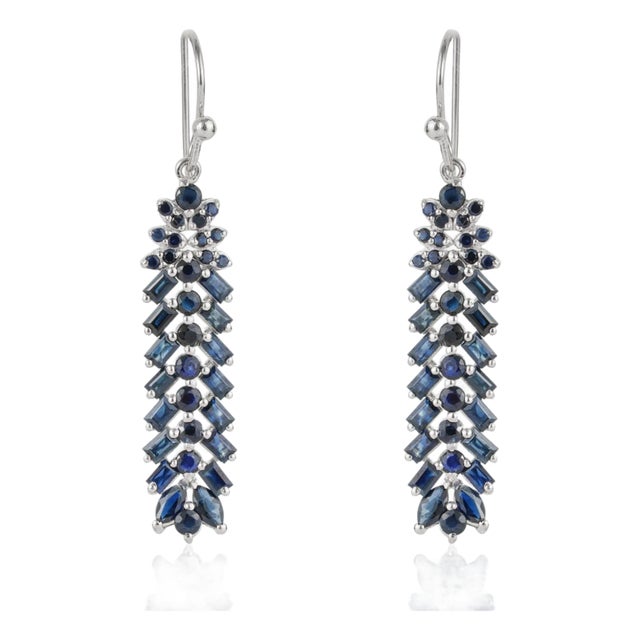 Art Deco 5.48 Ct Blue Sapphire Geometric Drop Earrings for Women- 2 Pieces For Sale