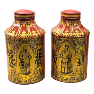 Pair of English Regency Red Tôle & Gilt Chinoiserie Tea Caddies, Nos. 2 & 4 For Sale